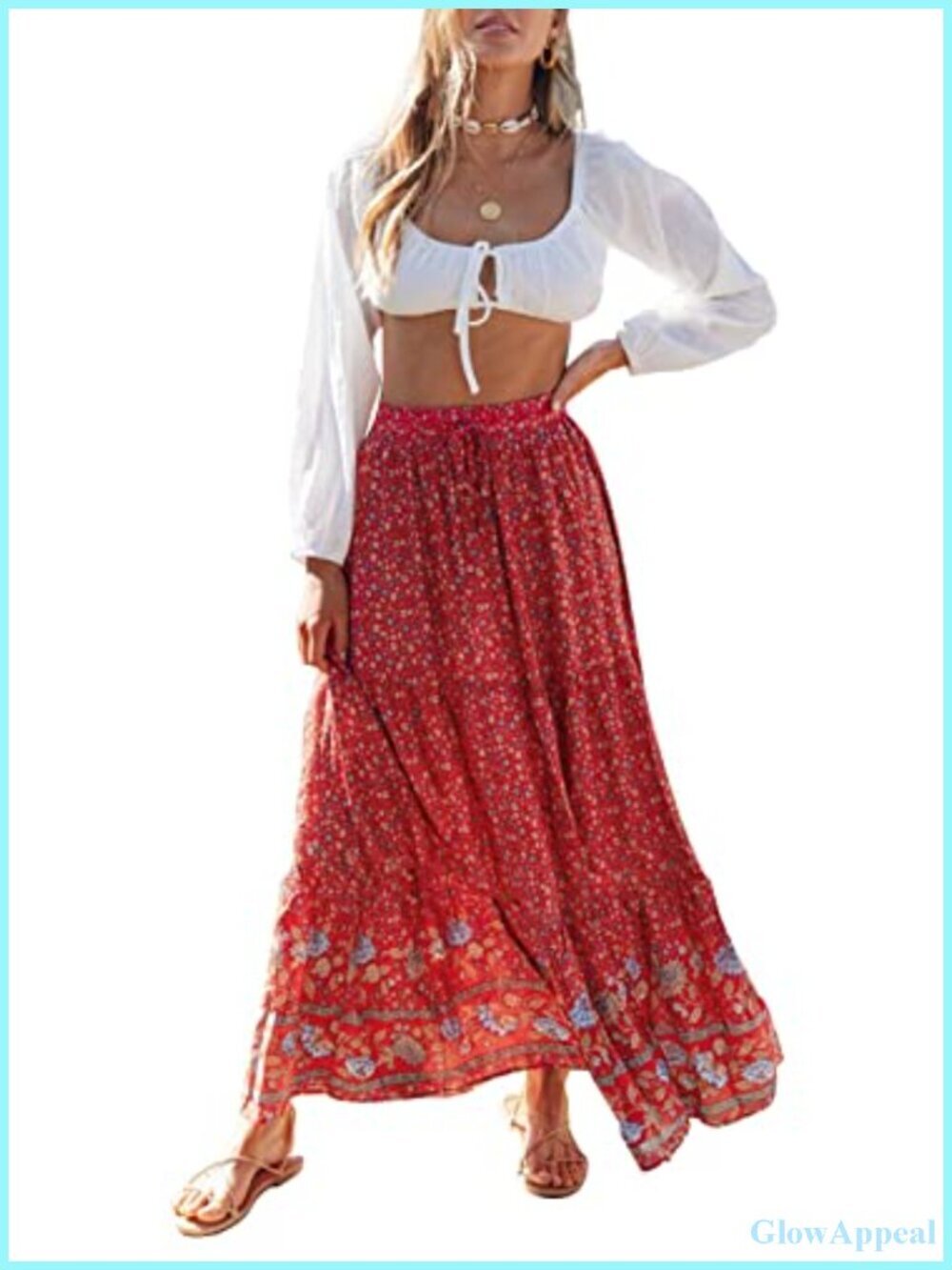 Bohemian Floral Printed Elastic Waist A-Line Maxi Skirt with Pockets